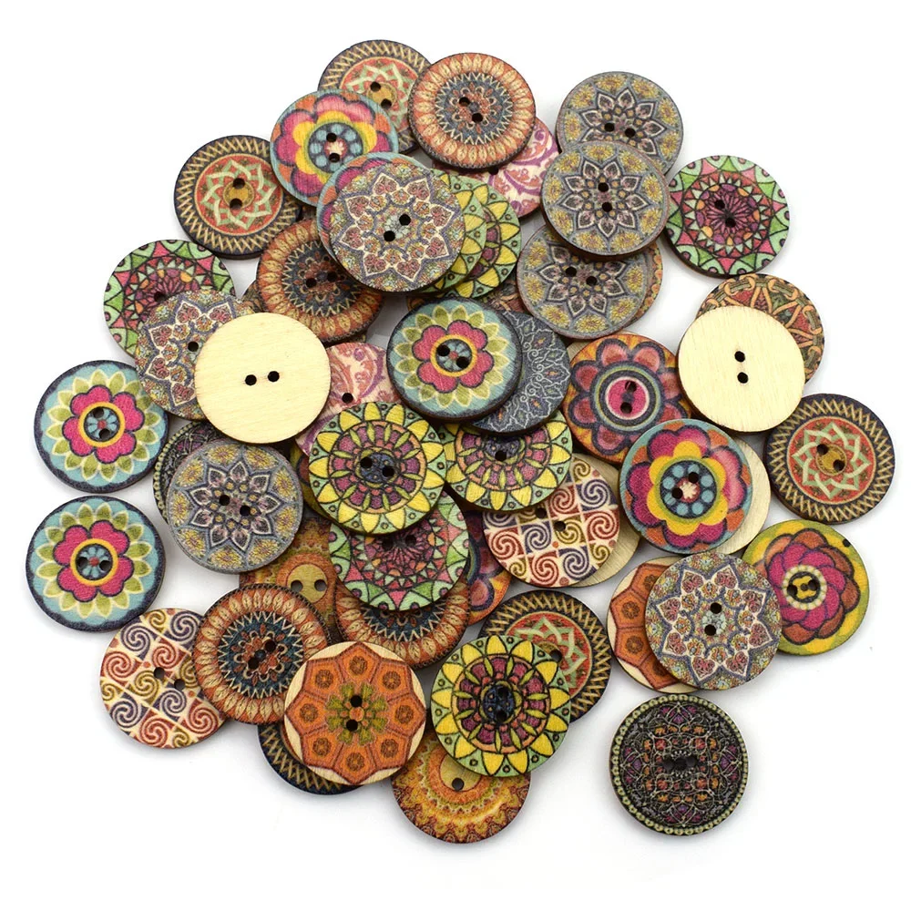 Retro Multi-Pattern Printing Wooden Round Buttons for Clothing, Scrapbook, DIY Home Sewing Accessories, 15mm, 20mm, 25mm, 50Pcs