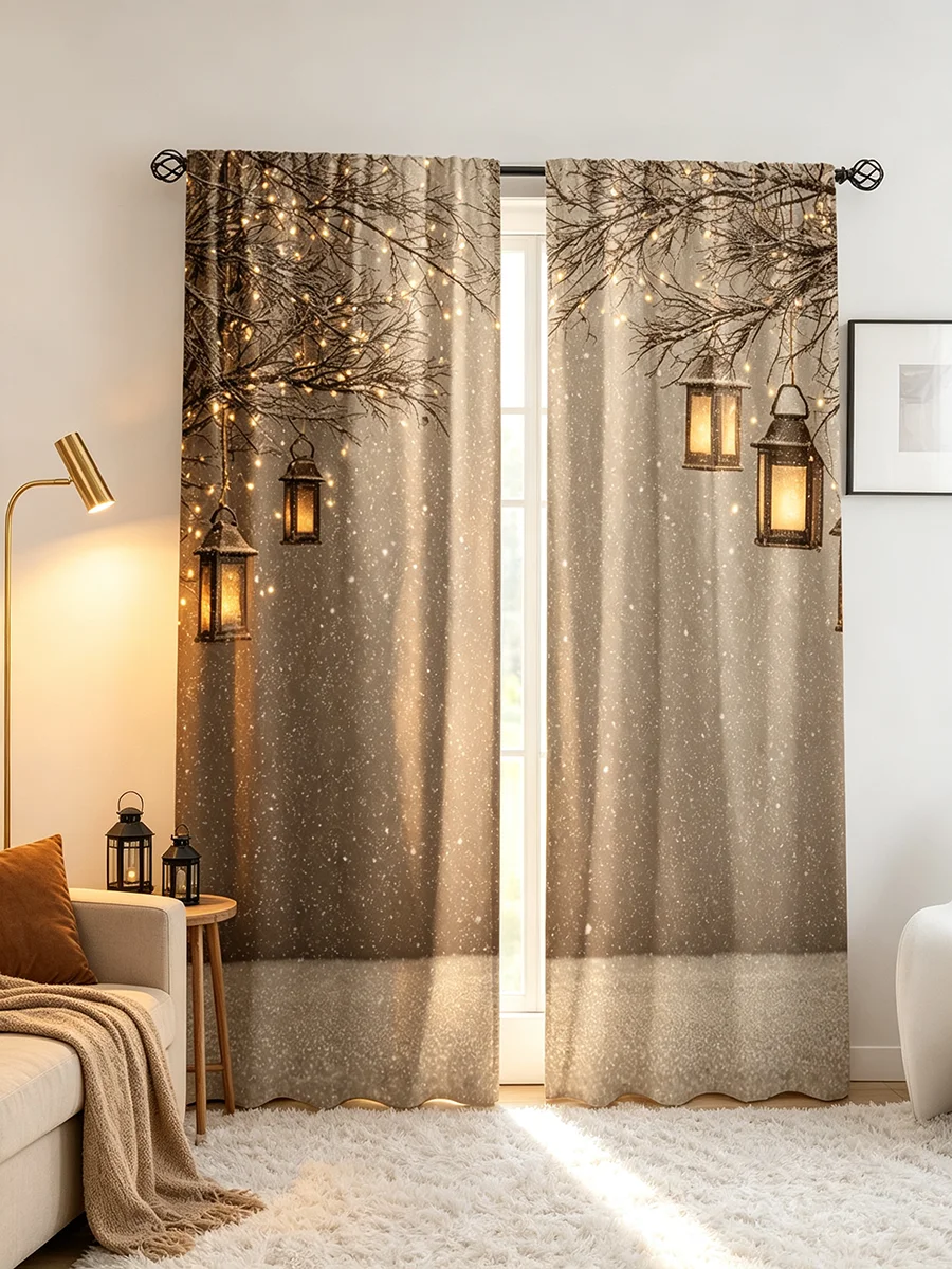 Warm Winter Snow Branch Lantern Curtains, Rod Pocket, Polyester, Home Decor, Bedroom Living Room, Cozy Home Decor, Home Decor