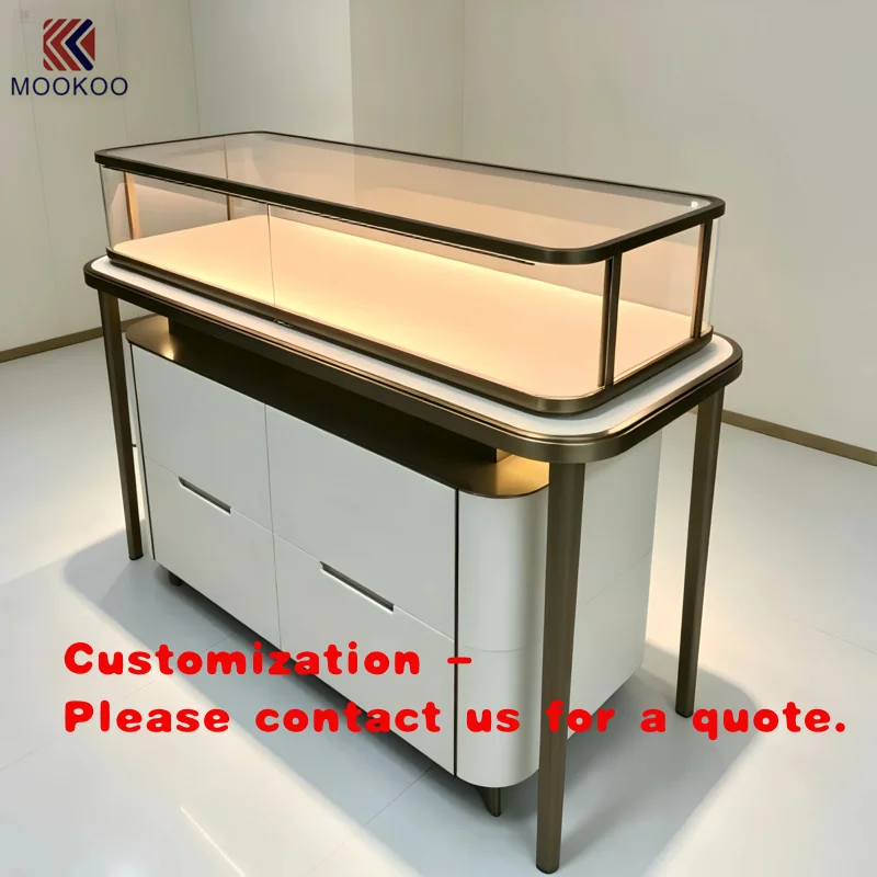 custom.Soft Rounded Corner  Metal Frame Jewellery Vitrine, LED Lighted Top Glass Gem Display Island Counter, Lockable Drawer