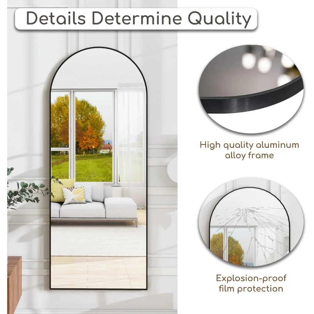 Espelho de parede superior arqueado de comprimento total com suporte para quarto, espelho de chão 65 x 21 para incluir ou pendurar, espelho de corpo inteiro elegante