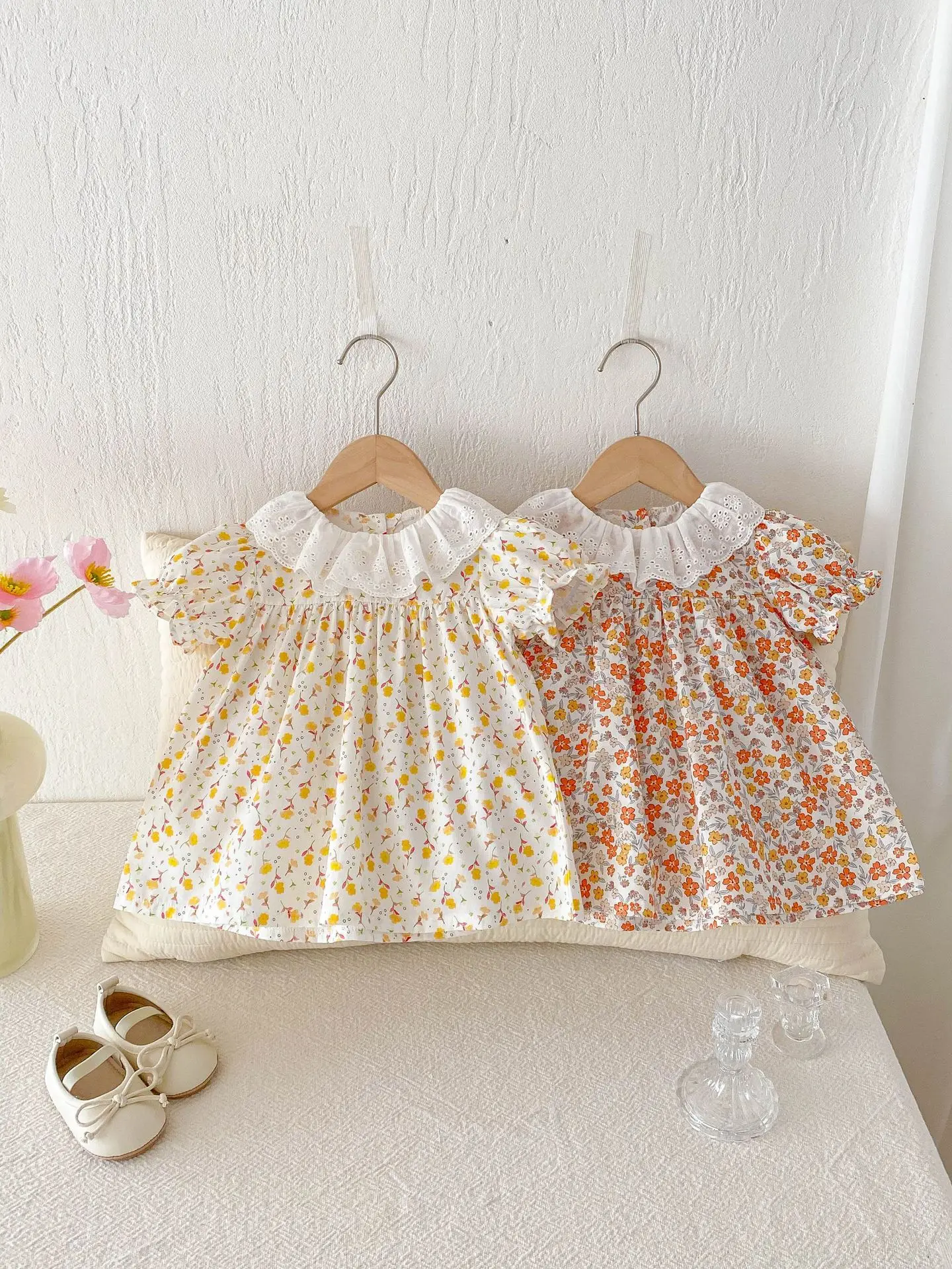

Girls' Floral Dress Cute Short Sleeved Princess Dress Lace Lotus Leaf Collar Girl Baby Dress Summer Baby Children's Clothes 0-4Y