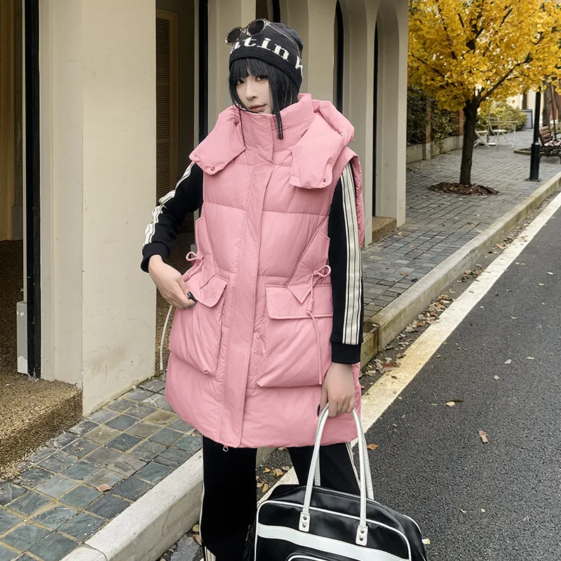 

Hooded Vests Sleeveless Parka Stand Collar Parkas Women Outerwear Jackets Solid Loose Spliced Casual 2025 Autumn Pockets