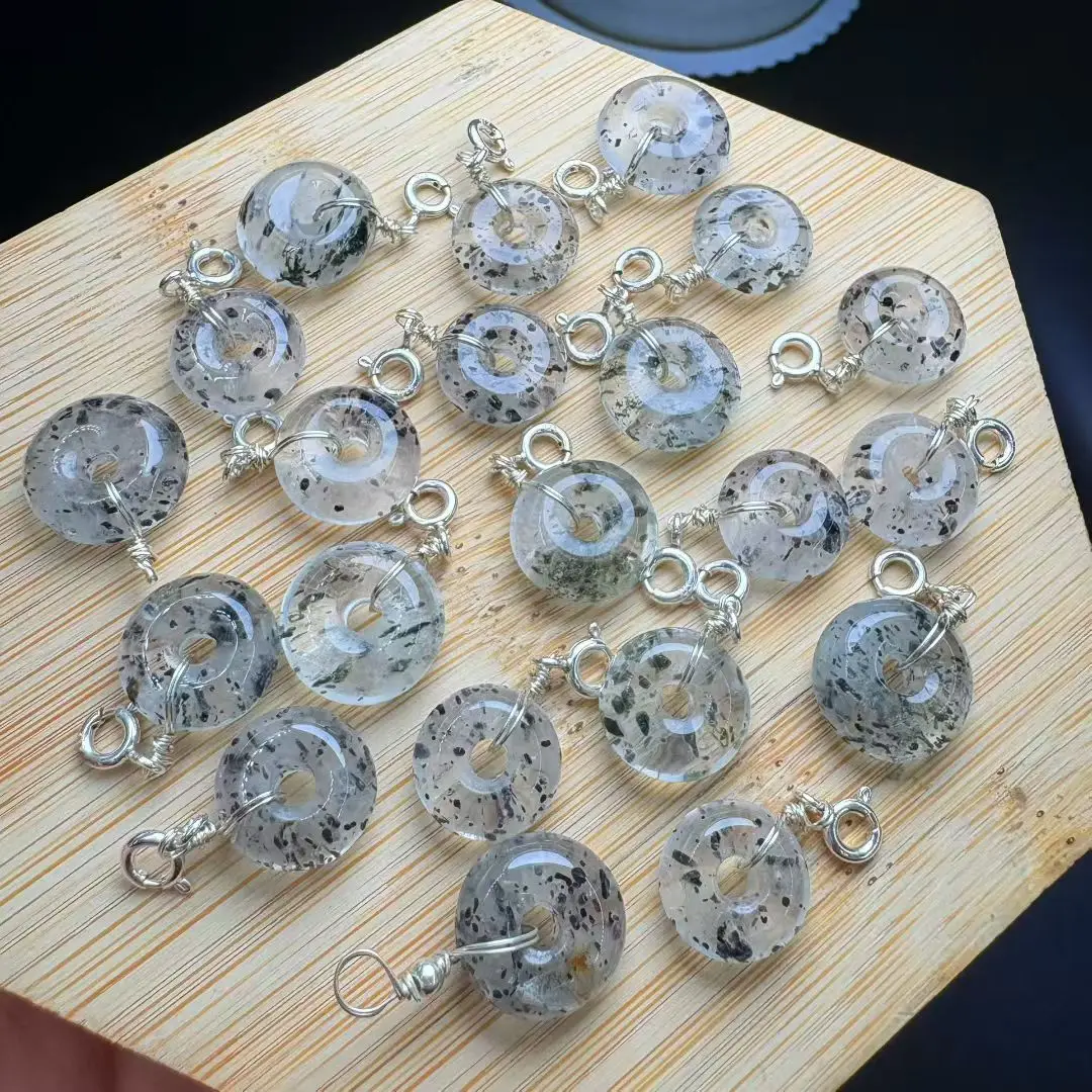 1 قطعة Fengbaowu الطبيعية Biotite الأسود الميكا دونات قلادة 925 فضة الريكي أحجار استشفاء مجوهرات هدية للرجال النساء