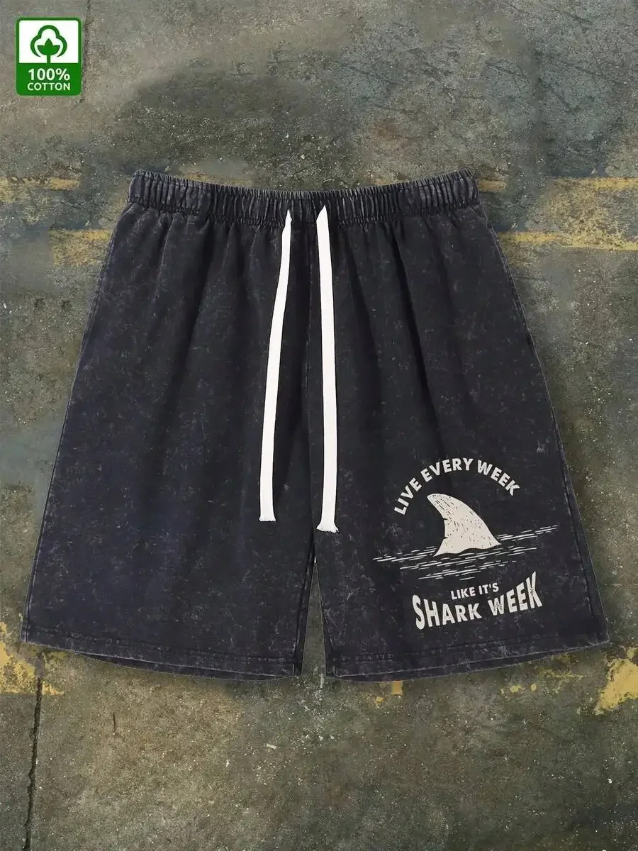 

Faded Washed Cotton Shorts With Shark Fin Graphic Live Every Week Like Its Shark Week Elastic Waist White Drawstring Casual
