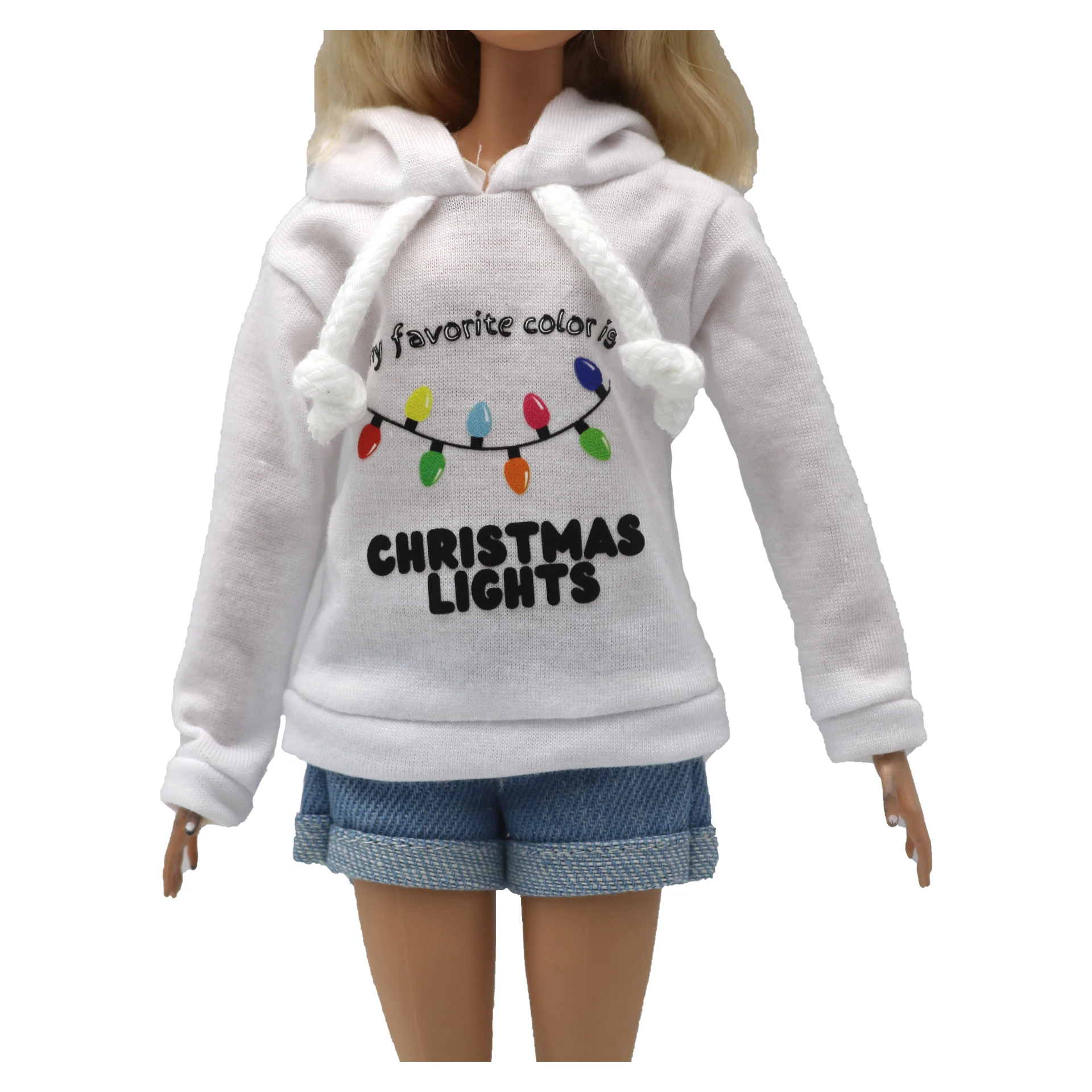 New 30cm 1/6 Doll jeans shorts long sleeves Christmas lights themed hoodie set Daily Wear Clothes for Barbies doll Accessories