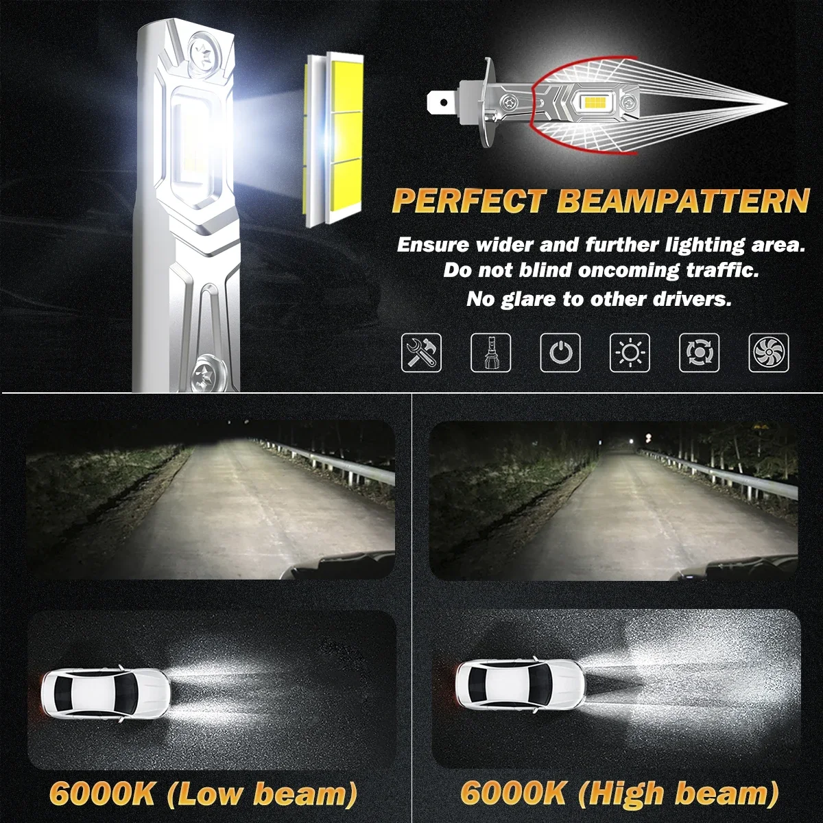 Katur 2x H1 LED Headlight Bulbs Fanless 6000K White 16000lm 80W Error Free Drop-in Replacement Anti-Flicker For Skoda Octavia 2