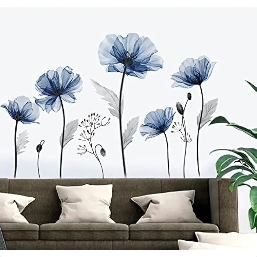 

Large Blue Flower Wall Decals Floral Plants Wall Stickers Bedroom Living Room Kitchen Wall Decor Gifts for Mom