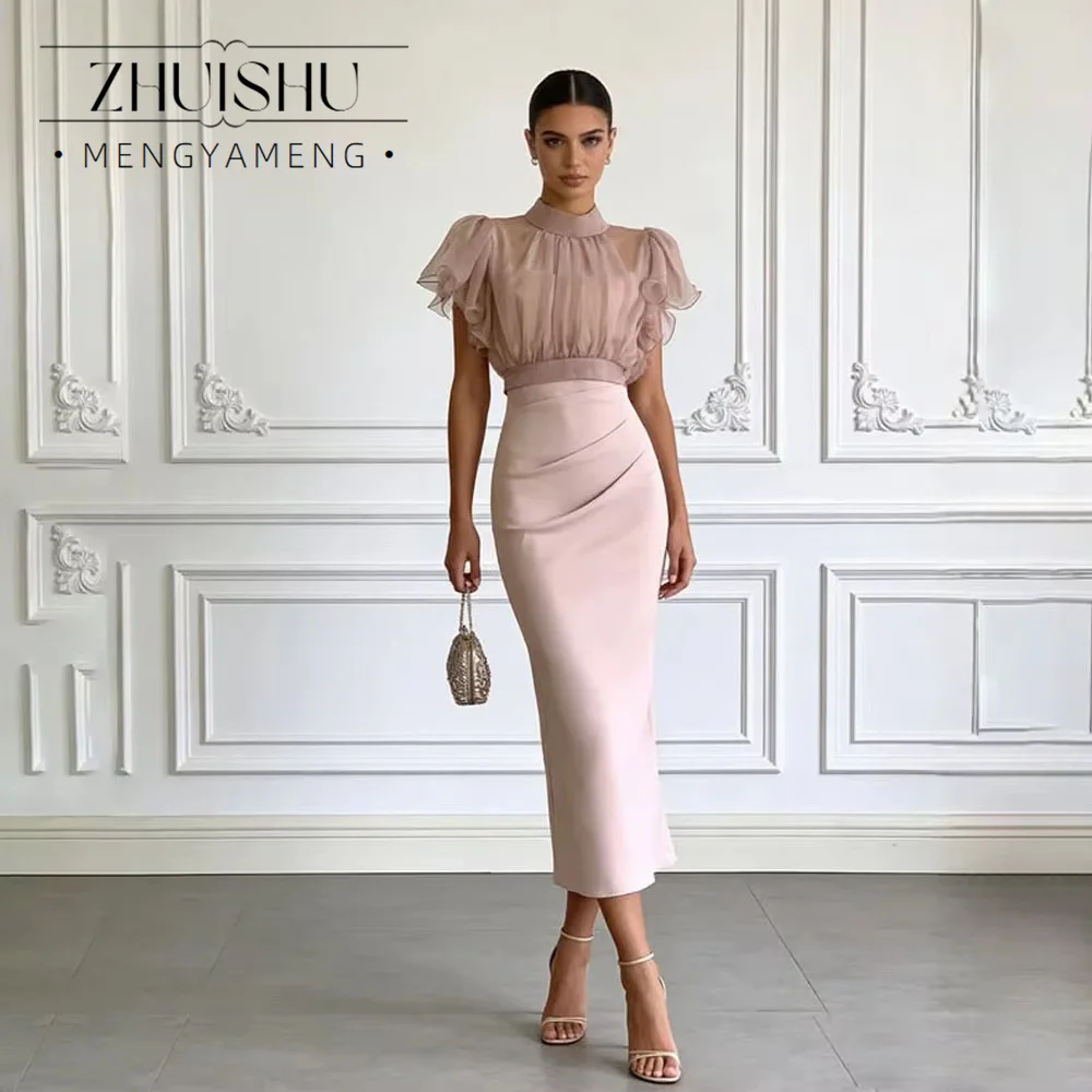 ZHUISHUBrush Pink Ruffle Women Party Dresses Mermaid Trumpet Tea-Length Prom Gown Customized Evening Gown for Special Occasion