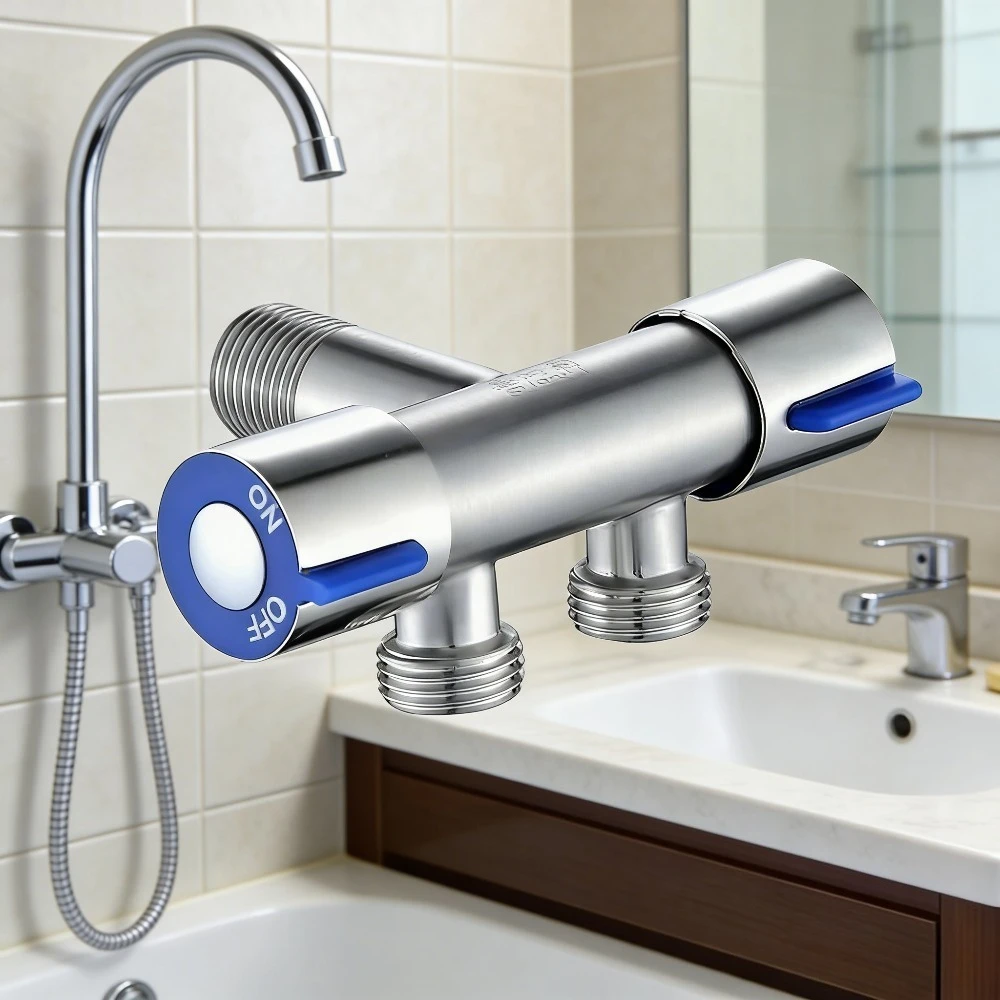 

Stainless Steel Dual-Control Double-Handle Bathroom Faucet + Washing Machine Tap Angle Valve