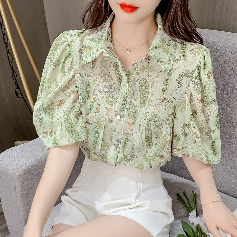 Summer Woman Clothes French Romantic Fashion Style Chiffon Shirt Top Polo-neck Puff Sleeve Floral Chic Elegant Popularity Casual