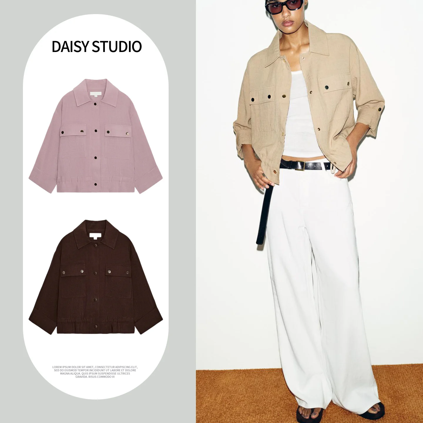 Spring New Women's Commuter Style Short Coat with Cuff Roll up Collar Pocket Design Casual Fashion Polyester Fiber Long Sleeve