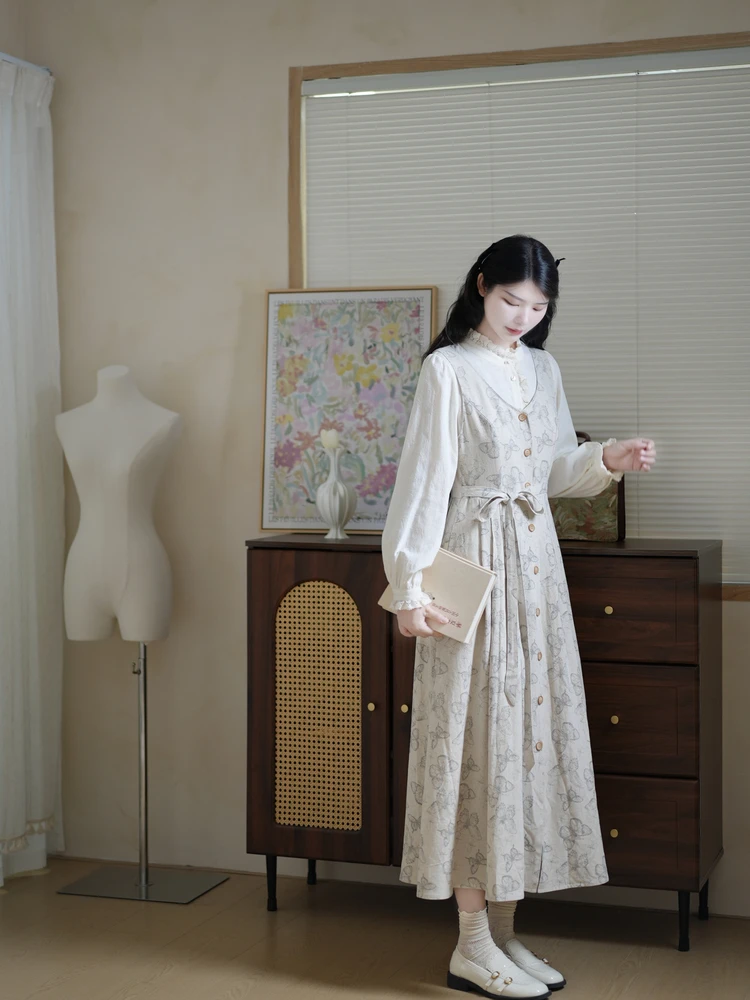 

Ретро-комплект: хлопковая кружевная блузка и льняная юбка с принтом, женская модная осенняя коллекция