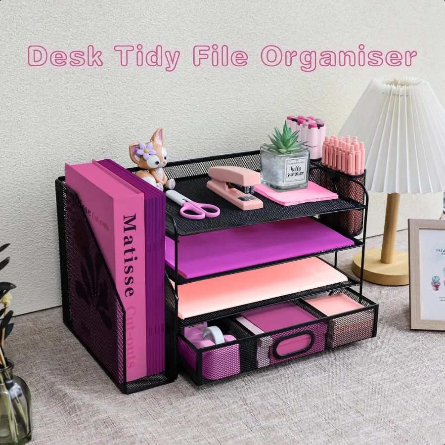 Настольные органайзеры и аксессуары с держателем для файлов. 4-уровневый органайзер для бумажных лотков для писем с выдвижным ящиком и 2 держателями для ручек. Сетчатый настольный органайзер.