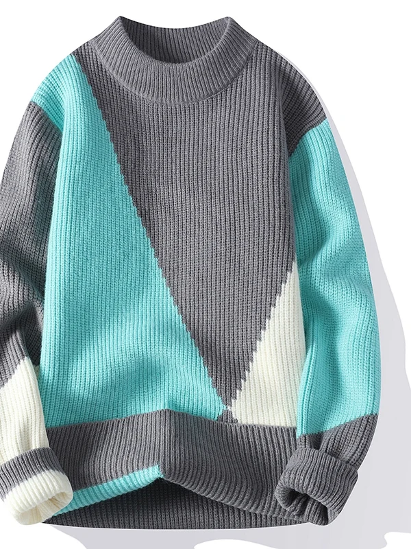 高品質メンズニットセーター、ブロック柄、ファッショナブルでトレンディな冬春新作、毛玉になりにくい、通気性があり快適