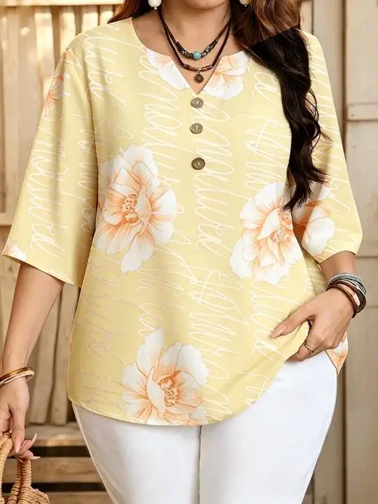 Women 3/4 Sleeve V‑Neck Blouse Button Rose Peony Lavender Floral Script Letter Print Casual Ladies Tops