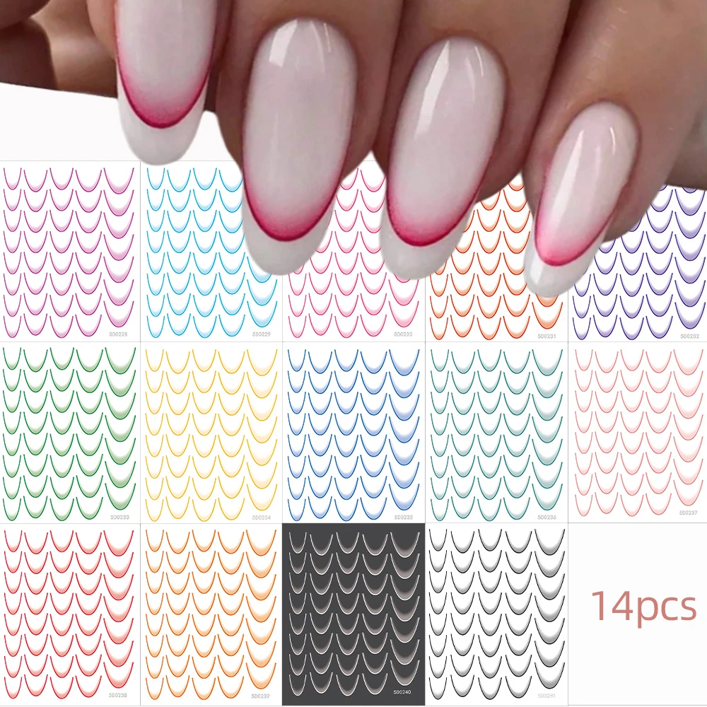 14 Blatt French Gradient Line Nail Art Aufkleber Neon Stripe Lines Bend Selbstklebende Nagelaufkleber Gradient Lines Nageldekoration – Detail 2