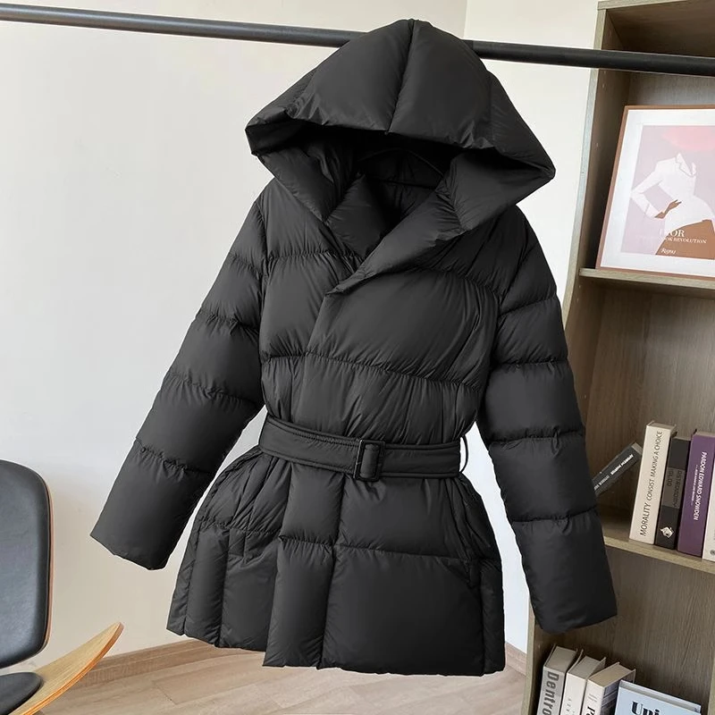 Korean Style Hooded Cotton-padded Women Winter New Single Breasted Belt Slim Cotton Jackets Simple Elegant Thick Warm Tops