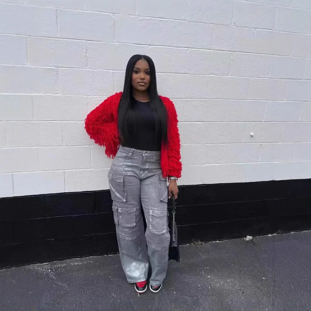 جينز نسائي من قماش الدنيم سروال متوسط الخصر مغسول بجيوب متعددة برونزية طول الأرض 2025 بنطلون مستقيم للسيدات