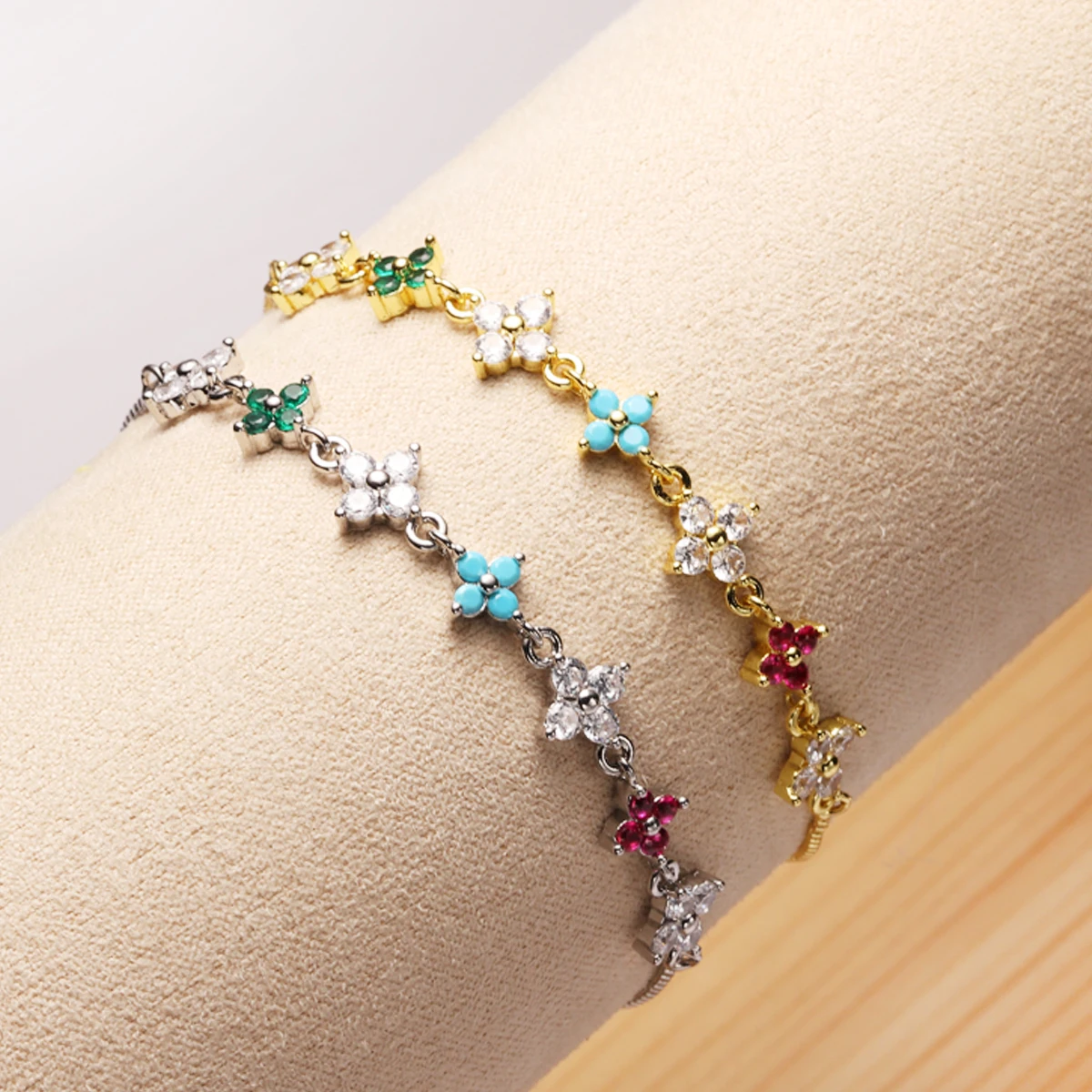 Colorful Four-leaf Flower Cubic Zirconia Bracelets for Women Girls Luxury 18K Gold Plated Elegance Clover Bracelet Jewelry Gifts