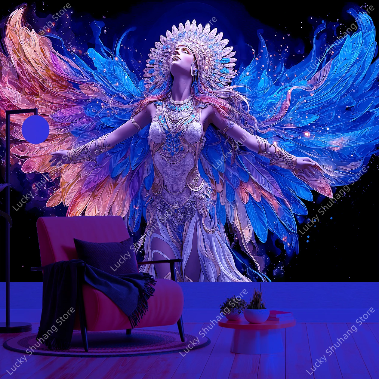 Mystical Winged Goddess UV Tapestry Vibrant Dual Tone Wings Mythical Art Wall Hanging for Bedroom Living Room Decor Fantasy Home