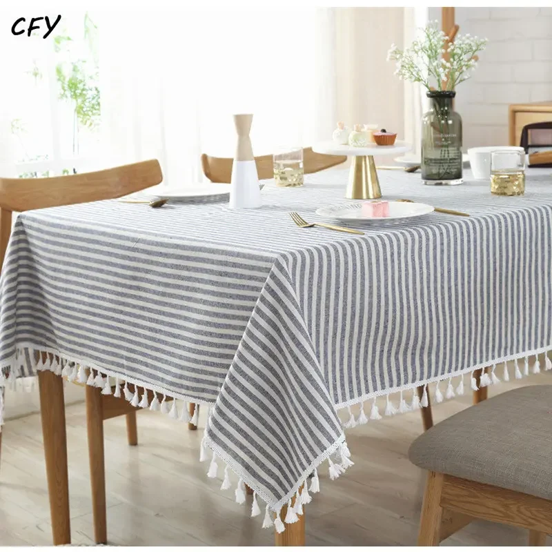 

Cotton Linen Simple Striped Tablecloth Plain Tassel Table Cloth Rectangular for Table Nappe Tassel Table Cover