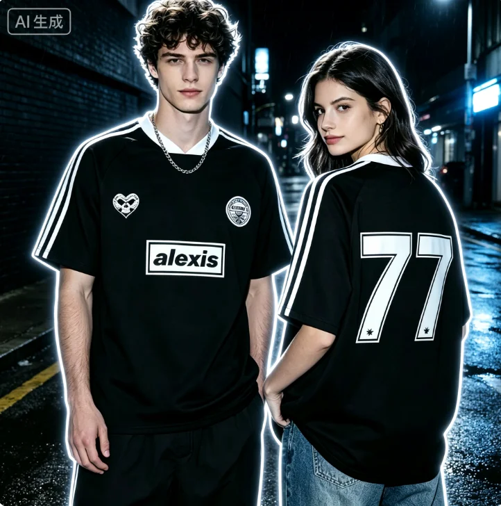 ALEXISONFIRE 77 Number Back Print V Neck Soccer Jersey Loose Hip Hop Couple Sports Tees Streetwear Quick Dry Family Matching