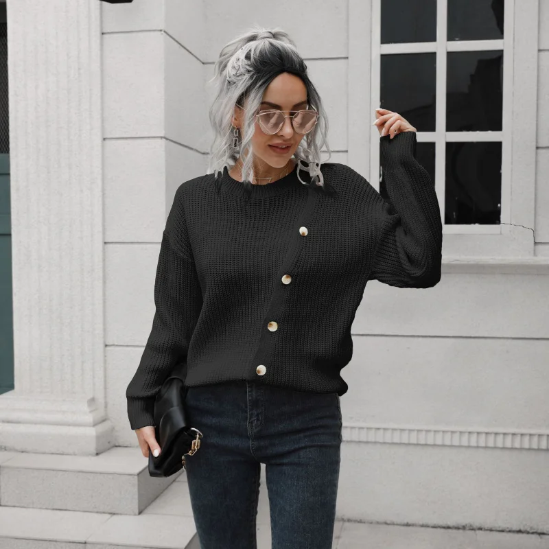 

Design Sense Button Women Loose Fit Autumn Winter Long Sleeve European and American Style Knitted Sweater New