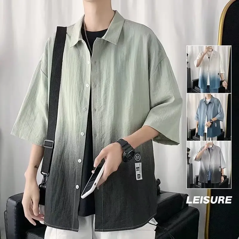 

Ice Silk ort Sve irt Men's Summer Thin Trendy Loose Seven-f Sve Casual Linen adual Outerwear Youth Faion