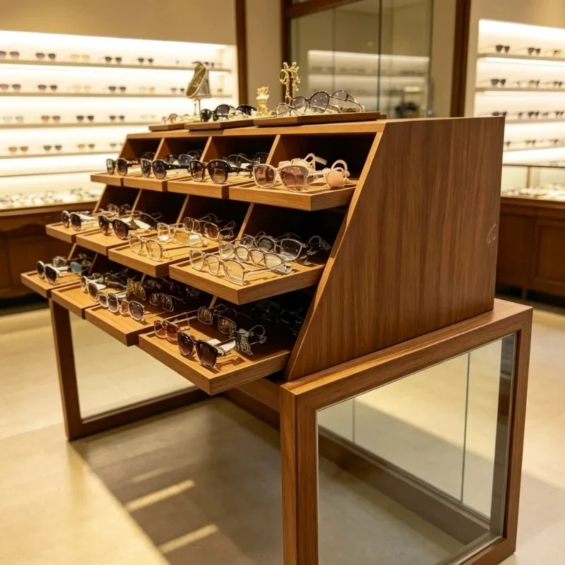 Japanese-style log optical shop Nakajima cabinet multi-layer inclined ladder glasses display table wooden glasses display stand