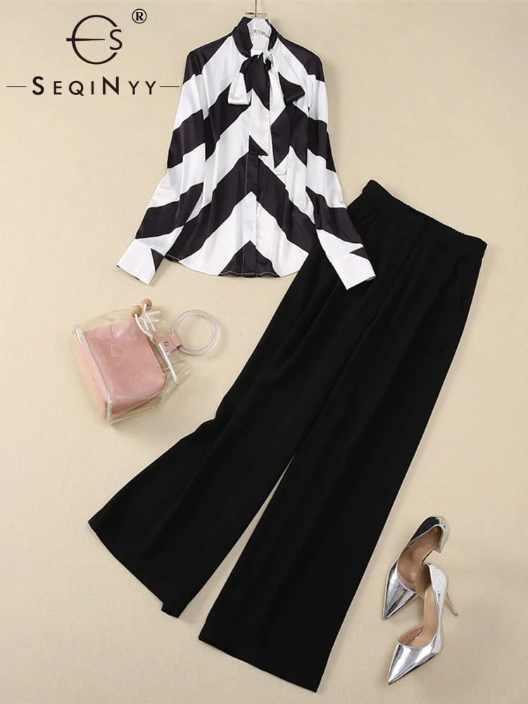 

SEQINYY Elegant Suit Summer Spring New Fashion Design Women Runway Stripes Shirt + Black Pants Office Lady High Street