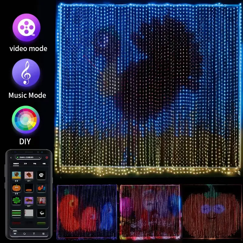 الذكية LED الستار سلسلة أضواء في الهواء الطلق زينة عيد الميلاد متزامن الموسيقى المحلية التحكم عن بعد حكاية خرافية تحت عنوان