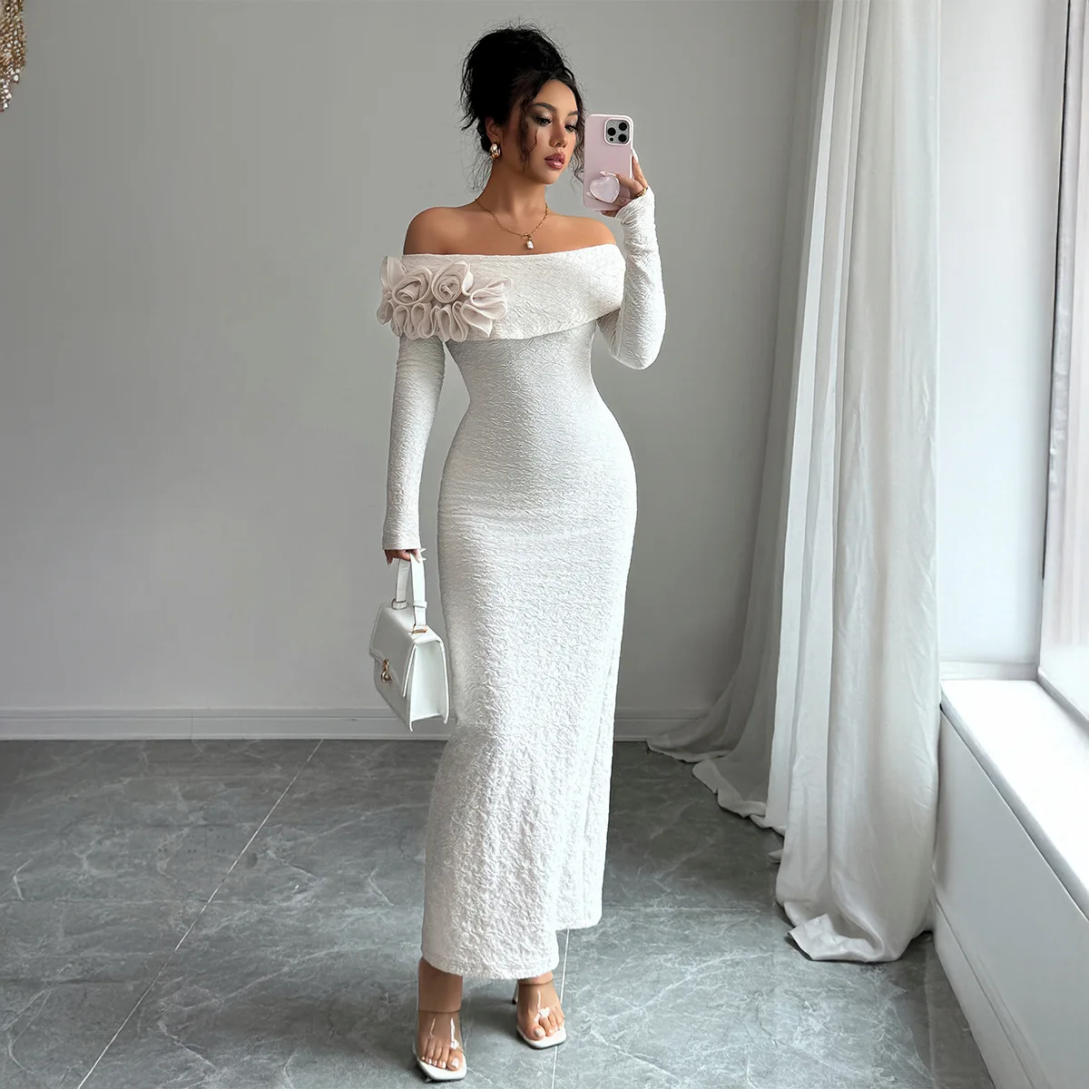 

Elegant Long-Sleeve Slim Long Dress Solid Strapless Floral Appliques Slash neck Dress 2025 Autumn Winter Women's Collection
