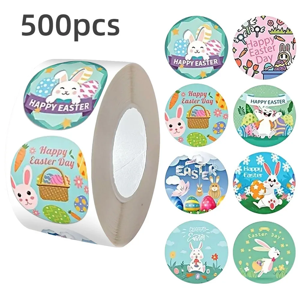 Label Decals Golden Paper Easter Stickers Round Shape Self Adhesive Egg Stickers Cartoon Design Bunny Stickers Easter Party