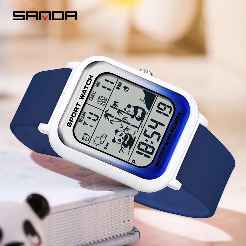 SANDA 2024 New Top Panda Pattern Square Gradient Electronic Watch Sports Casual Outdoor Waterproof Trend Unisex Wristwatch 6120