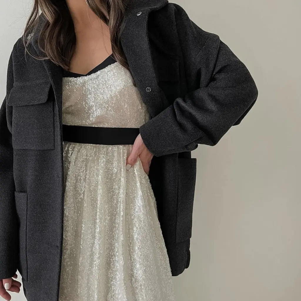 

Women's Dark Gray Woolen Coat Lapel Single-Breasted Minimalist Style Retro Autumn Winter Shirt European American New Fashion