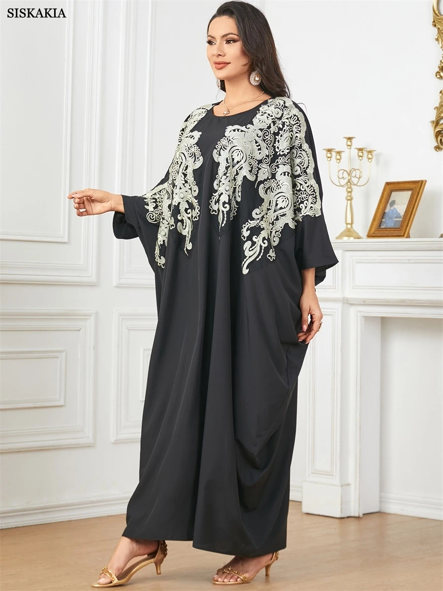 Siskakia Casual Appliques Batwing Sleeve Saudi Moroccan Homewear Muslim African Women Dresses Turkish Gulf Kaftan Islam Clothing