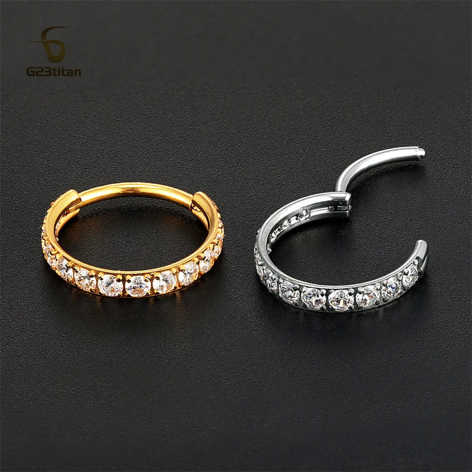 Titanium Helix Ring Zircon Septum Clicker Nose Earring Ear Cartilage Daith Piercing Hoop Body Jewelry PVD Coating Gold Color