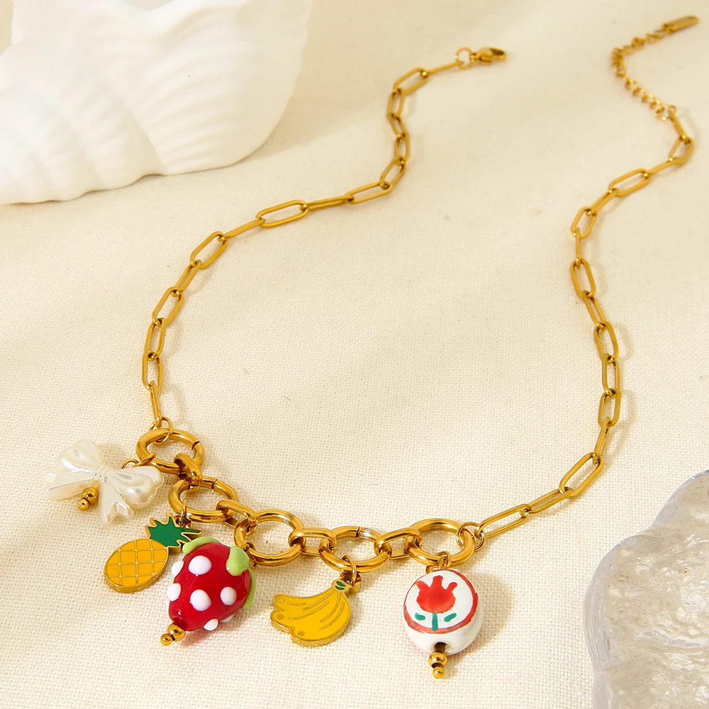 

Summer 2025 Fruit Flower Pendant Necklace 18K Gold Plated Ceramic Charm on Stainless Steel Chain INS Fashion Jewelry for Women