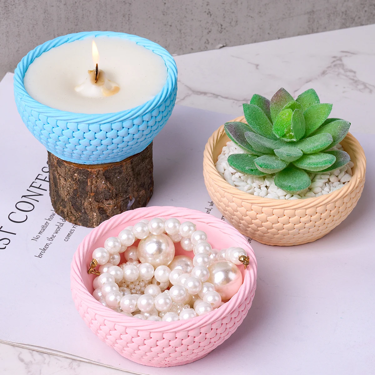 Creativity Woven Basket Candle Holder Mold Concrete Succulent Potted Silicone Molds DIY Resin Storage Bowl Home Deco Craft Mould