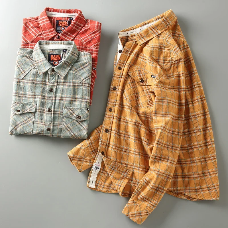 

Autumn Korean Simple Youth Long-Sleeve Flannel Plaid Tooling Blouses Pure Cotton Washed Old Men's Fashion Multi-pocket Shirt