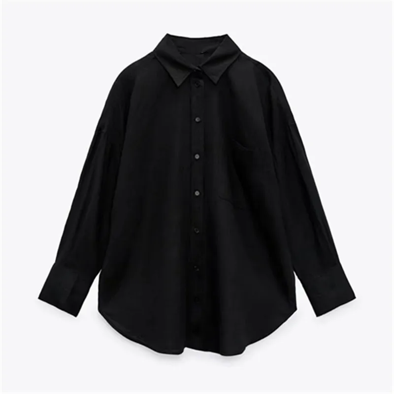 2022 Elegant Women\'s Versatile Shirts Long Sleeve Ladies Lapel Front Patch Pockets Side Slit Hem Buttoned Closure Linen Blouses