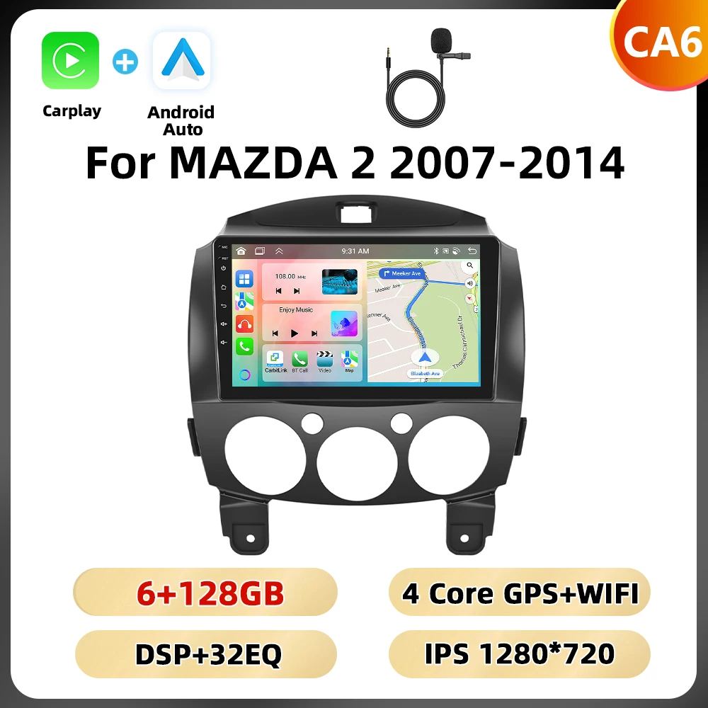 Podofo 9 ''BT RDS Autoradio Voor MAZDA 2 2007-2014 Multimedia Speler Navigatie Carplay Android Auto WIFI 4G AI Voice Autoradio