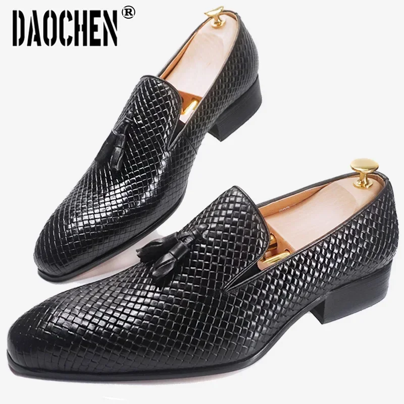 Elegant Men\'s Loafers Shoes Slip On Casual Dress Pointed Toe Shoes Black Office Business Wedding Real Leather For Shoes