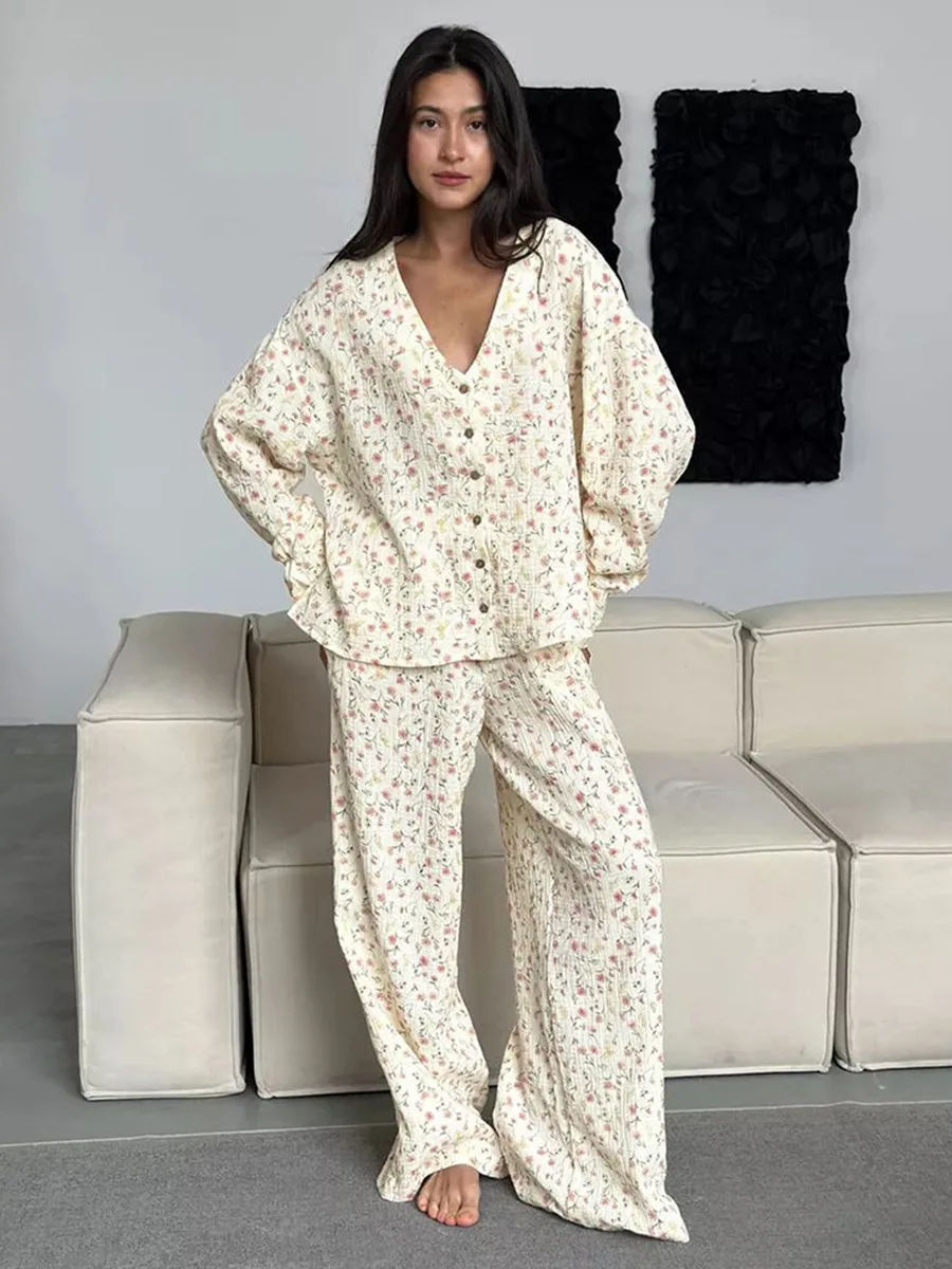 

Spring Summer Women's New 100% Cotton Printed Cardigan Pajama Set Long Sleeved Pants Pajamas Loose Home Clothing 2-piece Set