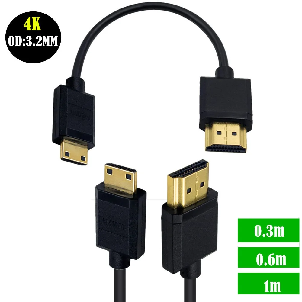 2k*4k @60hz HDTV to Mini HDTV OD 3.0mm Super Soft Thin Cable Male Cable 2k 1080p Light-weight Portable 0.3M 0.6m 1m
