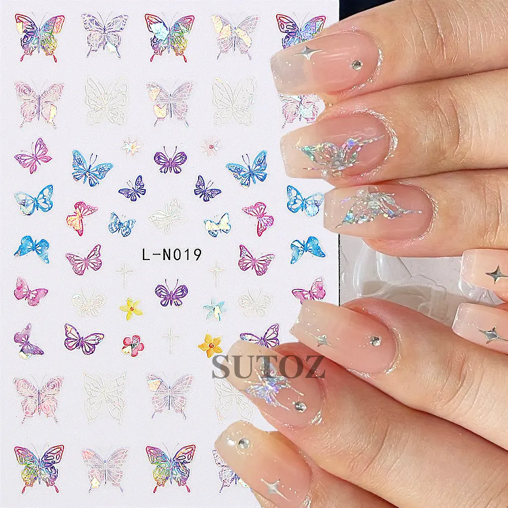 3d colorido borboleta unhas adesivos, holográfico, efeito laser, asas de fada, floral, decalques, coreano manicure decoração envoltórios, ntl-n018