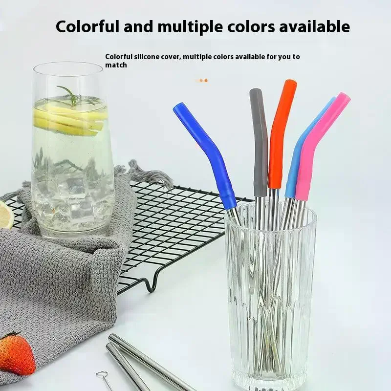 Long Metal Straw With Silicone Tips Cleaning Brush Stainless Steel Drinking Straw With Covers