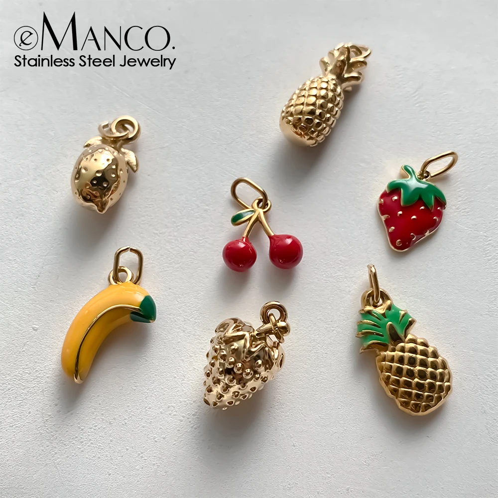 EMANCO Edelstahl-Anhänger im Bohemian-Stil mit Fruchtmotiven wie Erdbeere, Ananas, Kirsche, sommerlicher trendiger Schmuckanhänger.