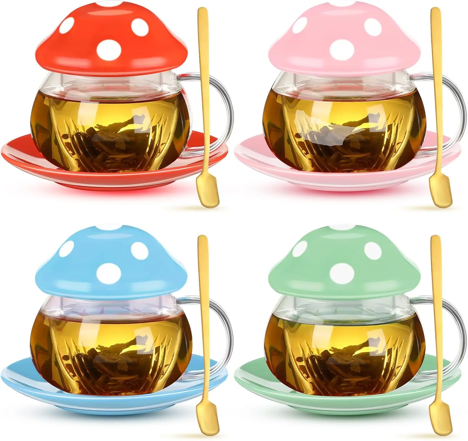 

4 Set 9.6 oz Mushroom Tea Cups Set with Infuser and Spoon Cute Glass Mugs Mushroom Tea Teapot with Ceramic Lid Coasters