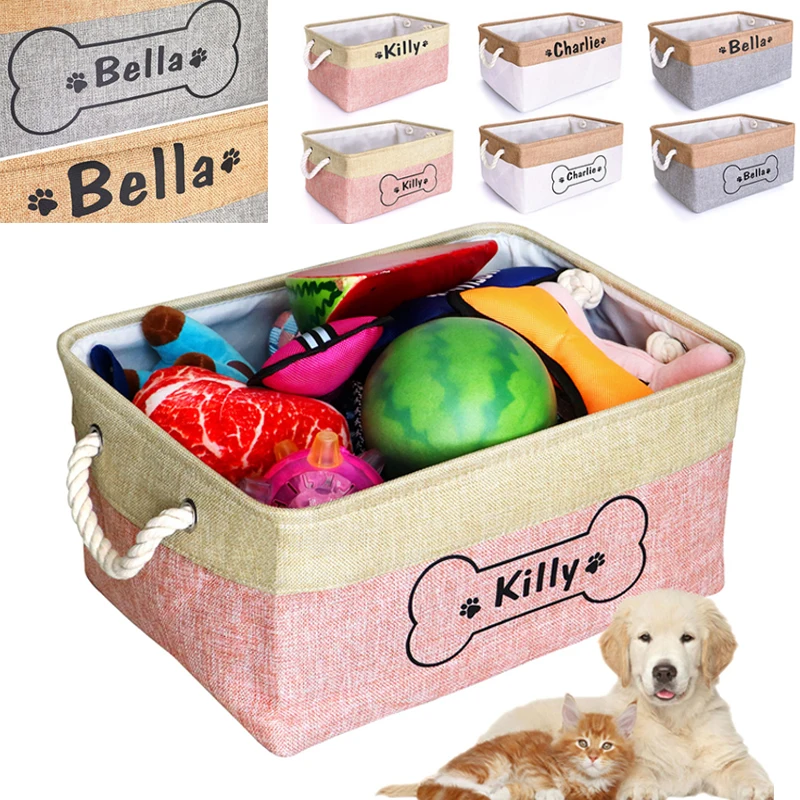 Personalized Dog Toy Storage Basket Canvas Pet Toy Box Foldable Dog Cat Custom Name Toys Container Dog Accessories Pet Supplies